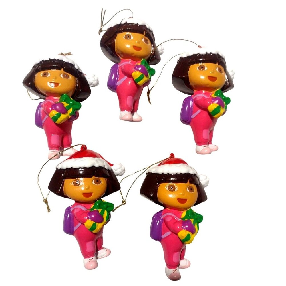 Set Of 5 Dora The Explorer Christmas Ornaments 3.5" With Santa Hat & Gift